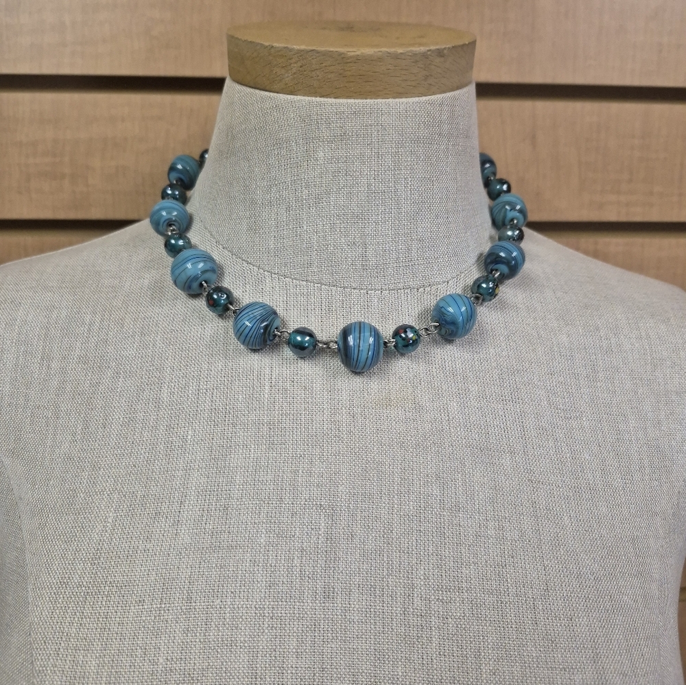 Blue Beaded Necklace Lobster Claw Clasp Boho Artisan Coastal Jewelry